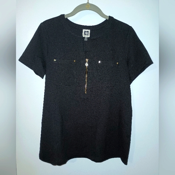 Anne Klein Tops - Anne Klein Medium Black "Y" Neck Half Zip Short Sleeve Top